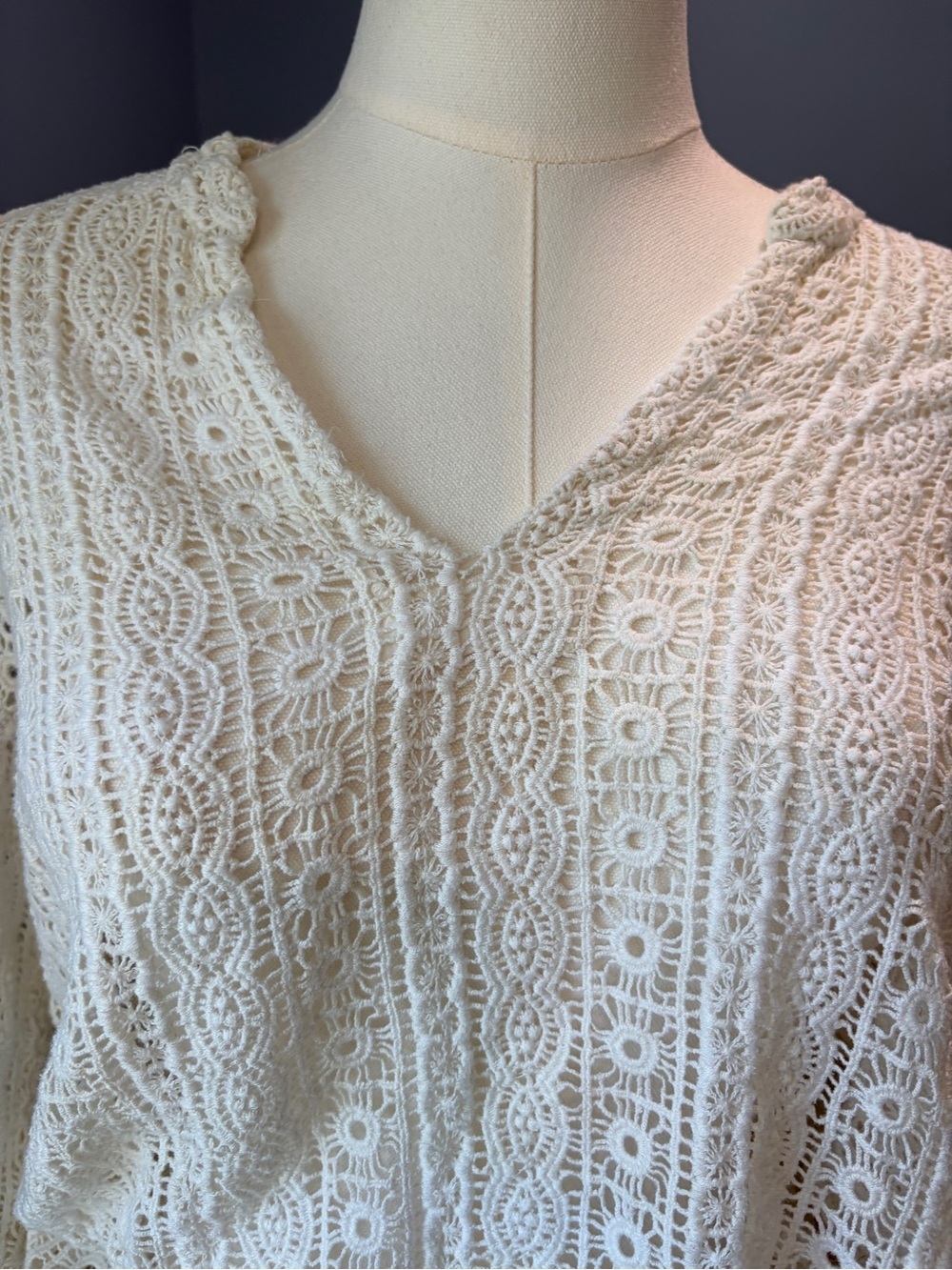 Lucky Brand Ivory Crochet Lace Long Sleeve Sweater Boho Pullover - Picture 3 of 8